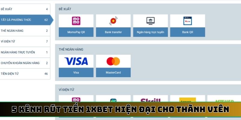5 kênh rút tiền 1XBET hiện đại cho thành viên